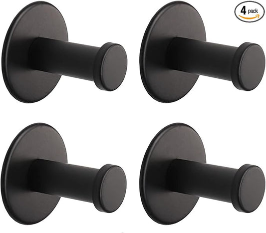 Bath Towel Hooks, 4 Pack Self Adhesive Coat Hooks, Sturdy No Drilling Robe Hook, SUS 304 Stainless Steel Heavy Duty Clothes Hanger, Wall Hooks for Bathroom Bedroom Kitchen (2 in, Black)