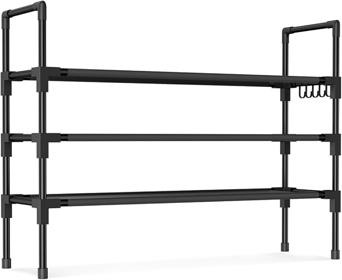 3 Tier Shoe Rack, Shoe Organizer Storage for 16-20 Pair Boot and Sneaker, Stackable Free Standing Shoe Shelf with Hooks and Side Pocket, Space Saving Shoes Rack for Closet, Entryway-NeatNest
