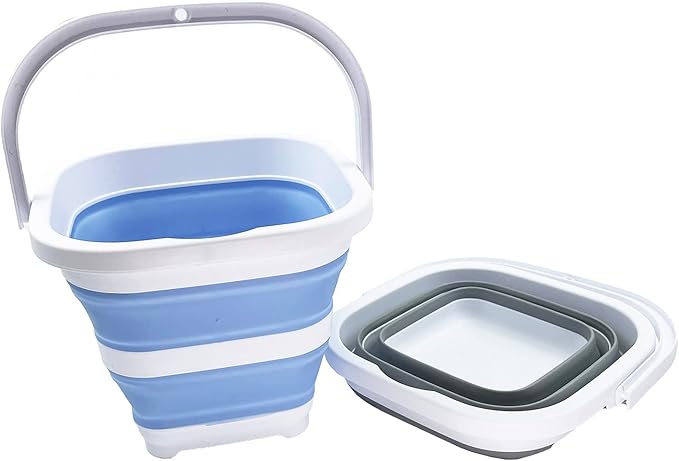 SAMMART Collapsible Rectangular Cleaning Bucket 5L (1.3 Gallon)- Foldable Camping Beach Sand Water Pot Pail- Portable Space Saving Tub for Household, Outdoor Car Washing (Grey + Baby Blue (Set of 2))-NeatNest