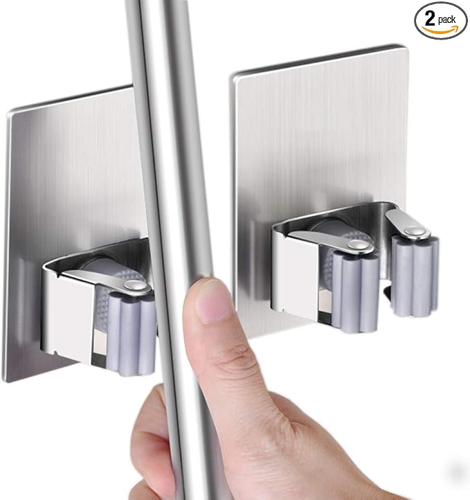 HANZE 2 Pack Stainless Steel Mop Broom Holder Organizer, Self Adhesive Wall Mounted Mop Organizer Storage Rack Clip for Kitchen Bathroom and Garage (Rectangle, Large)-NeatNest