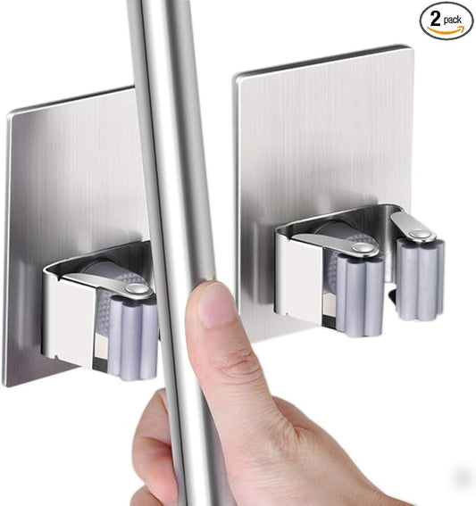 HANZE 2 Pack Stainless Steel Mop Broom Holder Organizer, Self Adhesive Wall Mounted Mop Organizer Storage Rack Clip for Kitchen Bathroom and Garage (Rectangle, Large)-NeatNest