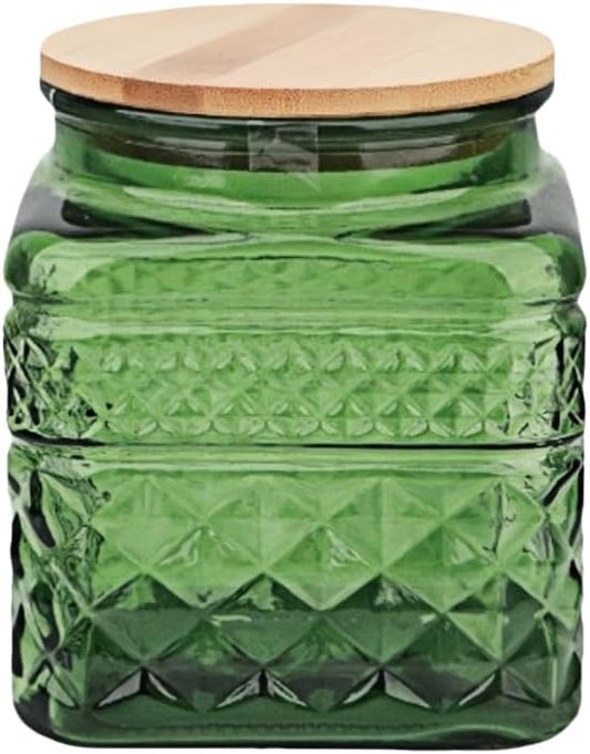 ANSQU Square Glass Jar, 20.3oz Candy Jars with Lid, Glass Food Storage Containers for Ground Coffee, Tea, Sugar, Decorative Mason Jar, Cute Jar (Green)