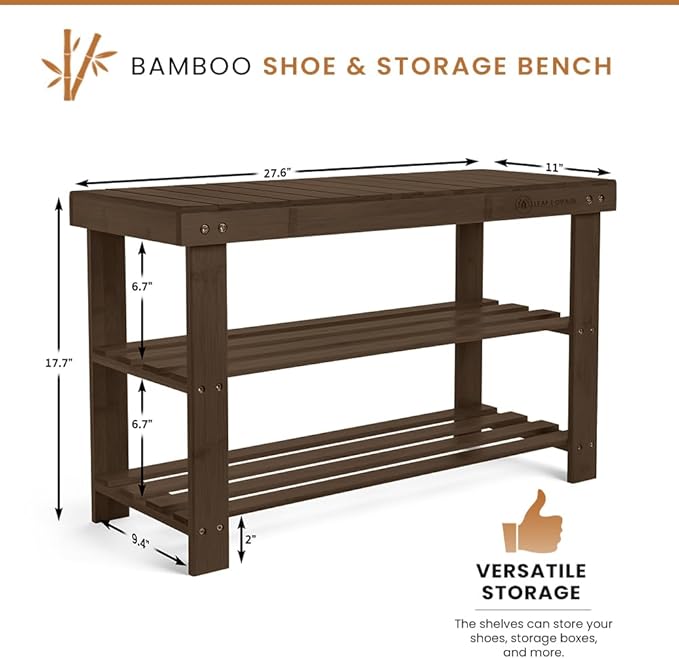 Leaf & Grain Bamboo Shoe Rack - Shoe Storage Bench for Front Door Entrance – Entryway Bench with Shoe Shelf, Shoe Storage Organizer, Wooden Shoe Rack, Durable Shoe Bench for Home (Walnut)-NeatNest