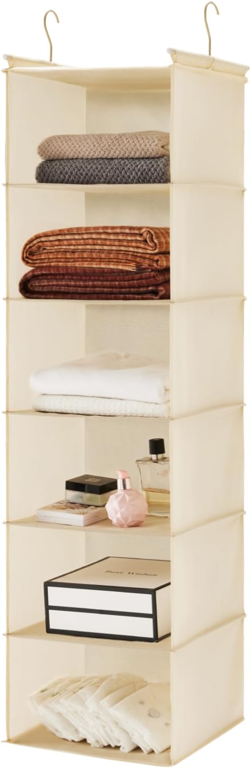MAX Houser 6 Tier Shelf Hanging Closet Organizer, Cloth Hanging Shelf with 2 Sturdy Hooks for Storage, Foldable (Beige)-NeatNest