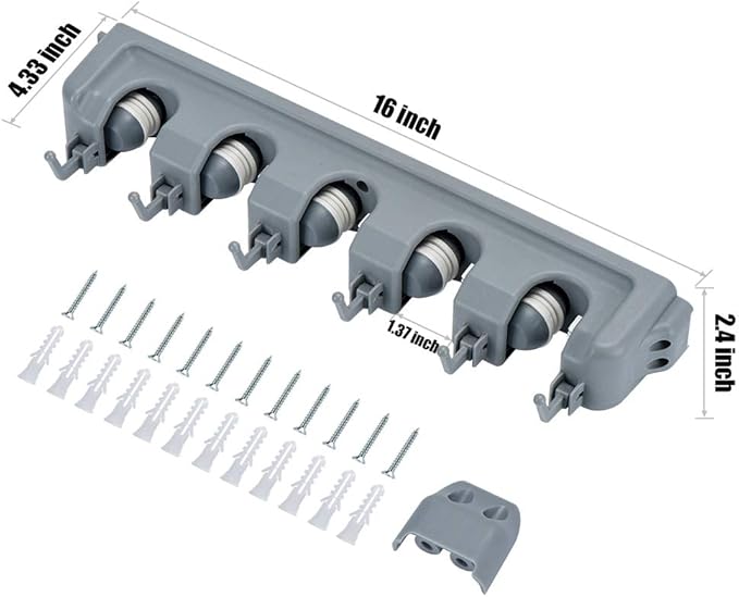 HOME MASTER HARDWARE (2 Pack 16 in Broom Mop Holder Garage Storage Organizer with 5 Racks 6 Hooks Adjustable Wall Mounted Storage Tool for Lanudry Garage Kitchen Garden-NeatNest