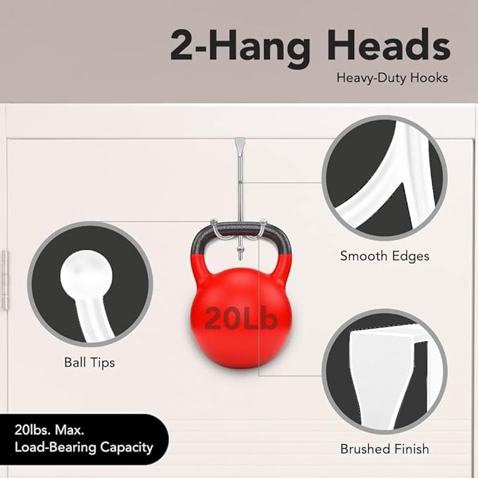 2-Pack Over The Door Hooks - with 2 Hang Heads & Snug Fit Pads Heavy Duty Hook for Hanging Coats, Towels, Caps & Robes - Elegant Matt Finish - No Drill Hanger Organizer - White