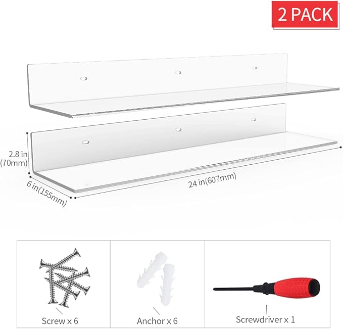 24 Inches Clear Floating Shelves for Wall, Acrylic Long Wall Shelf, Wall Mounted Shelves for Plants, Speaker, Radio, Funko Pop, Stuffed Animal, Books, Cosmetics, Toiletries, 2 Pack (24 Inch)-NeatNest