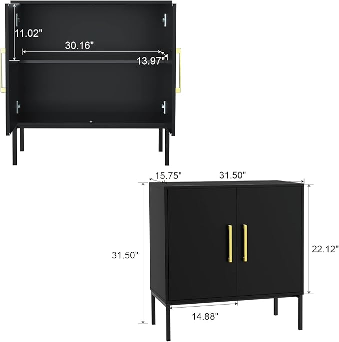 JOZZBY Buffet Sideboard Cabinet with Storage, Modern Wooden Cabinet with Adjustable Shelves, Black and Gold Cabinets for Living Room, Kitchen, Hallway