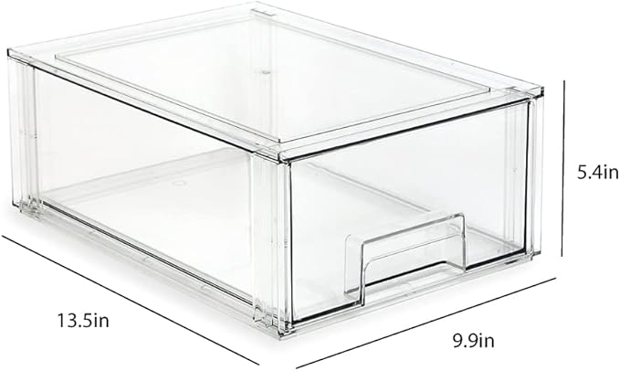 Isaac Jacobs Large Stackable Organizer Drawer (13.5” x 9.9” x 5.4”), Clear Plastic Storage Box, Pull-Out Bin, Home, Office, Closet & Shoe Organization, BPA-Free, Food/Fridge/Freezer Safe (Large)
