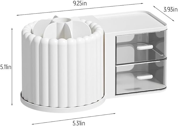 Makeup Organizer Countertop,360 Rotating Makeup Brush Holder with 2 Drawer Organizer, Small Preppy Kids Desk Organizer|9.25x5.11inch|White-NeatNest