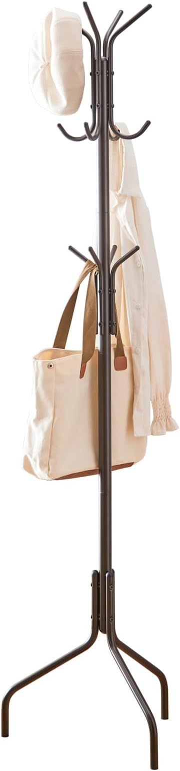 Coat Rack Freestanding,hat and coat rack stand for entryway,Living Room,Bedroom,Metal coat tree with12 Hooks and 3 Legs (Brown)-NeatNest