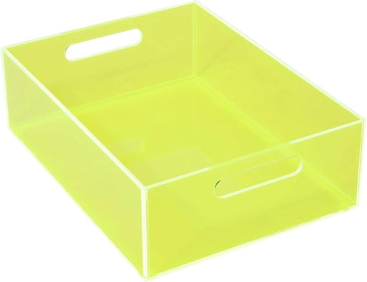 Acrylic Storage Bin Pantry Storage Container with Handles Kitchen Organizer Bin for Cabinet Cupboard Organization, Heavy Duty, 12.6 x 9.4 x 4'', Neon Green