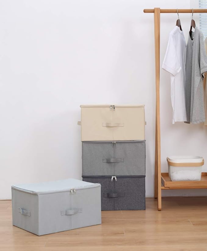 Collapsible Rigid Storage Bins with Lid, Shelves Clothes Storage Cubes, Tide Up Your Wardrobe, Beige, Set of 2-NeatNest