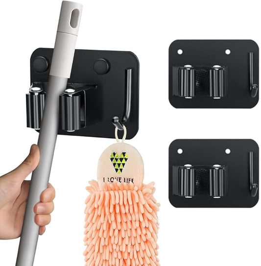 2-Pack Broom Holder with Heavy Duty Hooks, Upgraded Stainless Steel Mop Hanger. Wall Mount Utility Tool Rack for Kitchen Garden Laundry Garage. Matte Black.-NeatNest