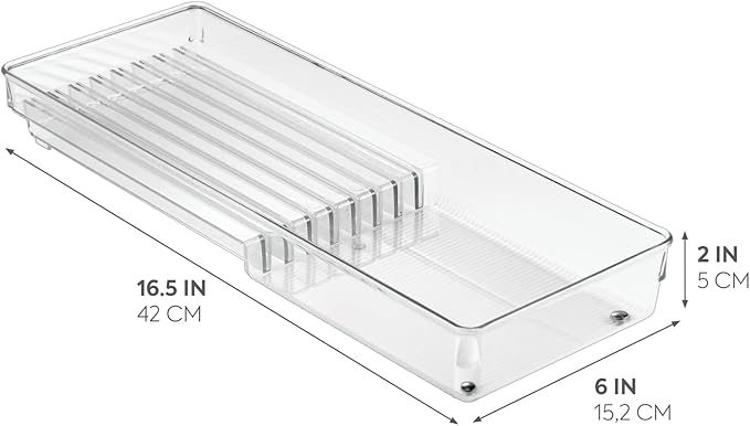 iDesign Linus Kitchen Knife Storage Drawer Organizer, Container for Countertop, Cabinet, Pantry - Clear, 16.5" x 6" x 2" - Clear-NeatNest