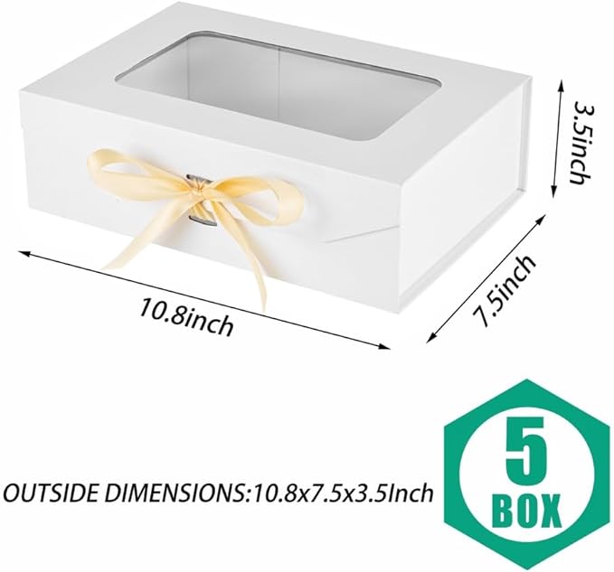 5 Pcs White Gift Box for Presents with Ribbon 10.8x7.5x3.5 Inches Clear Gift Box with Window Magnetic Closure Gift Boxes with Lids-NeatNest