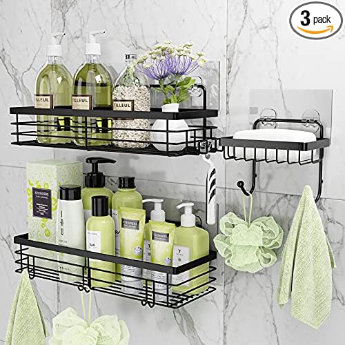 Orimade Adhesive Shower Caddy Soap Dish Holder Shelf with 5 Hooks Bathroom Organizer Basket Kitchen Storage Rack Wall Mounted No Drilling Stainless Steel - 3 Pack, Black