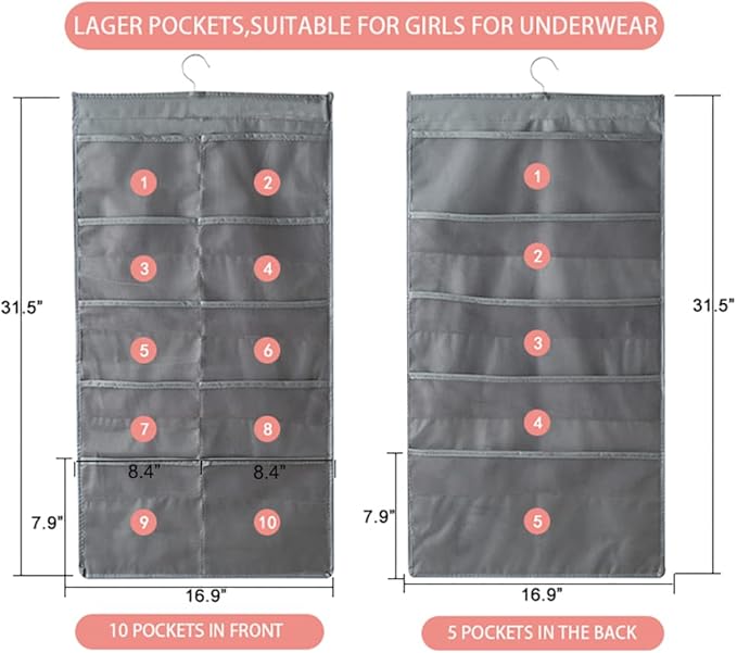 Enlarged Closet Hanging Bra Organizer with Rotating Metal Hanger, Dual Sided Wall Shelf Wardrobe Mesh Pockets Hanging Storage Bag for Bra Socks Underwear Underpants-NeatNest