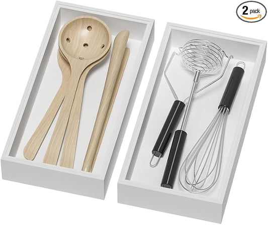 Bamboo Drawer Organizer, Cutlery Silverware Organizer for Kitchen Drawer, Stackable Utensil Organizer, 2 Pcs Flatware Organizer for Drawer, Wooden Storage Box Tray (White, 12 X 6 X 2 Inch)-NeatNest