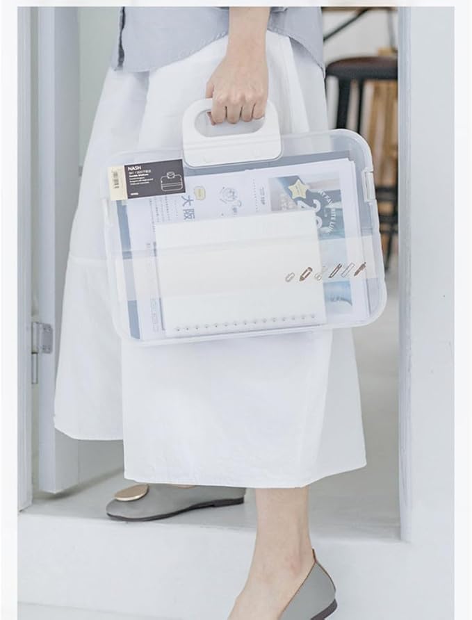 Portable File Box Clear Waterproof Document Storage Box with Snaps PP Files Organizer Cases for A4 Paper Magazines Notebooks School or Office Supplies (1pcs, White)
