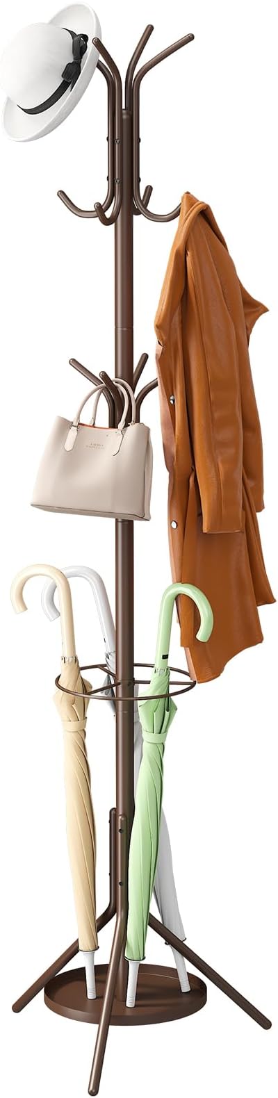 Coat Rack Freestanding,Entryway Hanger Stand,Umbrella Holder,Hall Tree With 12 Hooks, Floor Standing Metal Tree Stand,brown-NeatNest