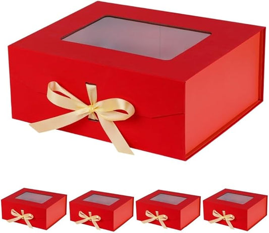 5 Pcs Red Gift Box for Presents with Ribbon 13.2x11x5.3 Inches Clear Gift Box with Window Magnetic Closure Gift Boxes with Lids-NeatNest