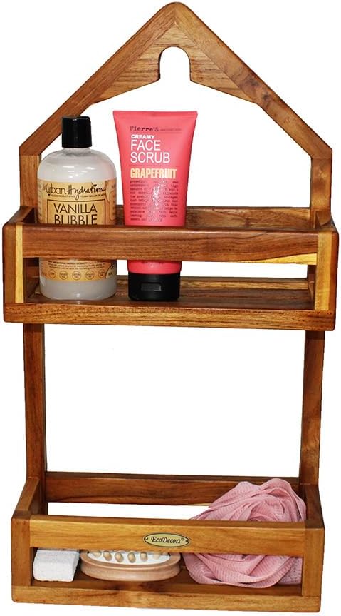 EcoDecors Teak Shower Caddy, Solid Wooden Organizer Rack Over Shower Head, Rustproof, Eco-Friendly Bathroom Storage Shelf, Fully Assembled, Spa Upgrade