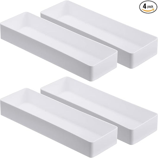 4 Pack Plastic Drawer Organizer 9.5 x 3 x 1.4 Inch Tabletop Organizer Tray Stationery Holder White Half Accessory Tray Stackable Storage Container for Vanity Office Home Utensils Gadgets Shelf Kitchen-NeatNest