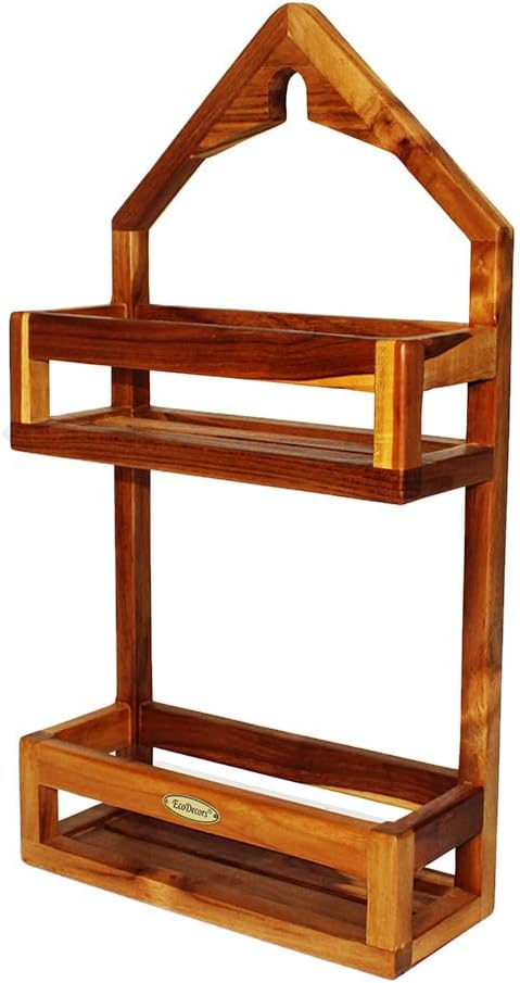 EcoDecors Teak Shower Caddy, Solid Wooden Organizer Rack Over Shower Head, Rustproof, Eco-Friendly Bathroom Storage Shelf, Fully Assembled, Spa Upgrade