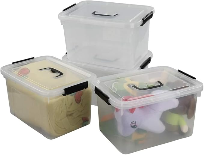 Begale 10.5 Quart Plastic Medium Storage Container, Clear Latch Bin with Handle and Lid, 4-Pack-NeatNest