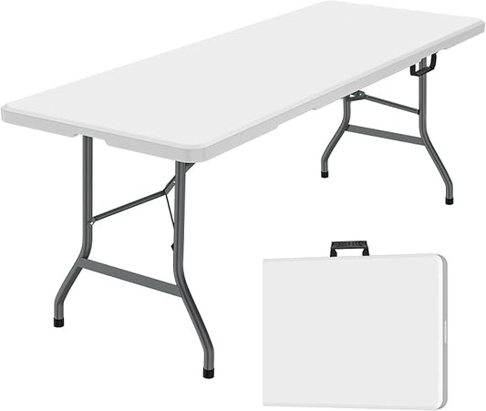 Generic 6 ft Folding Table, Portable Heavy Duty HDPE Fold-in Table, Lightweight Folding Table, Foldable Plastic Card Table for Party, Dining, Barbecue, Board Game with Carrying Handle - White-NeatNest