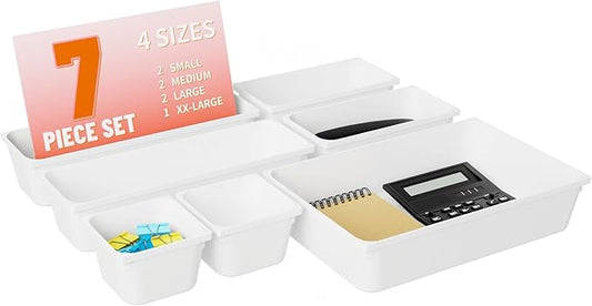 7 Pcs Plastic Drawer Organizer Set,4 Size Small Storage Containers for Organizing Jewelry,Utensil,Junk,Tea,Makeup,Shallow Drawer Organizers Tray Suitable for Office,Desk,Bathroom,Vanity,Kitchen,White-NeatNest