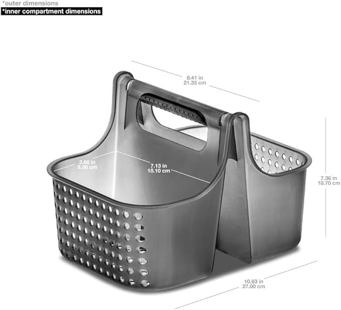 madesmart 2-Compartment Soft Grip Shower Tote for Bathroom Organization, Plastic Storage Shower Caddy Bucket, Small, Carbon-NeatNest