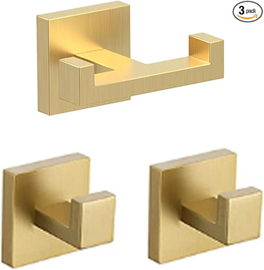 BOZWELL 1 Double Towel Hook and 2 Towel Hooks for Bathroom Light Brushed Gold Wall Mount，3 Pack Modern Square Style Coat Robe Hook，Stainless Steel Heavy Duty Door Hanger for Bathroom 1502-G-3-NeatNest