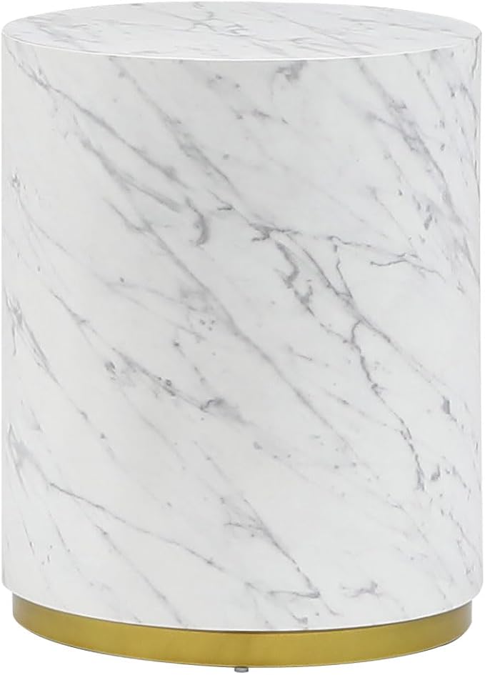 kevinplus White Side Table End Table for Living Room, Circle Wood, Faux Marble Grain, White & Gold (ø15.7'' x 19.6'')