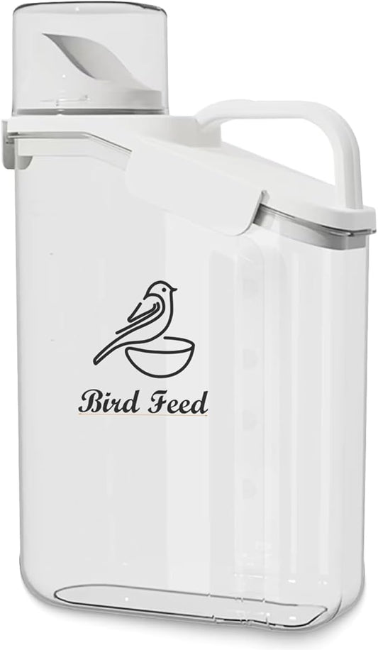 Bird Seed Storage Container,2.8L Airtight Bird Food Container with Handle and Measuring Cup,Portable Pet Food Container for Wild Bird Sunflower Seed-BPA Free Transparent/White-NeatNest