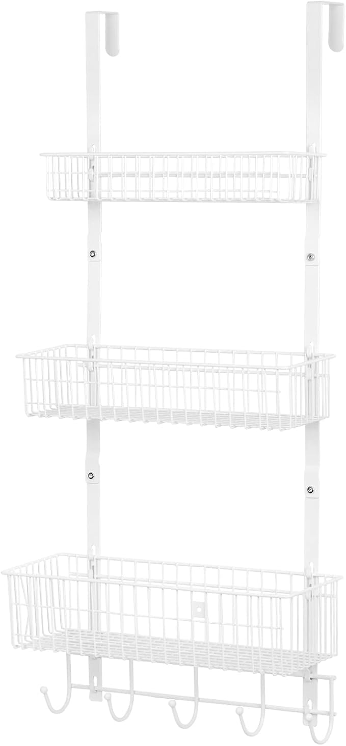 YBING Over The Door Organizer with Hooks Door Hanger Towel Rack with 3 Mesh Baskets Back of Door Hanging Shelf Organizer Behind Door Pantry Organizer for Bathroom Bedroom White