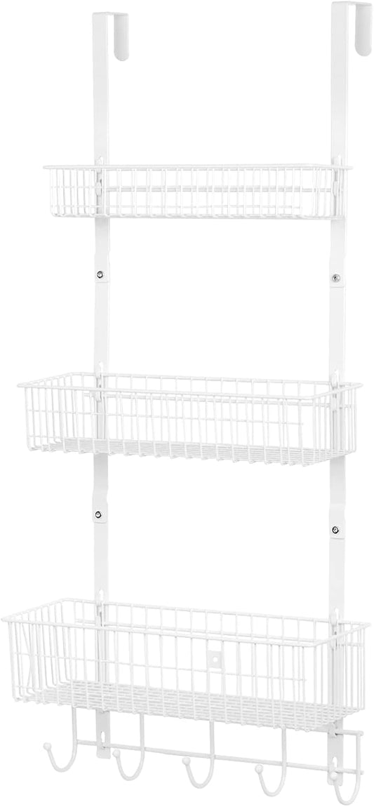 YBING Over The Door Organizer with Hooks Door Hanger Towel Rack with 3 Mesh Baskets Back of Door Hanging Shelf Organizer Behind Door Pantry Organizer for Bathroom Bedroom White