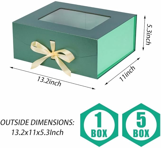 5 Pcs Green Gift Box for Presents with Ribbon 13.2x11x5.3 Inches Clear Gift Box with Window Magnetic Closure Gift Boxes with Lids-NeatNest