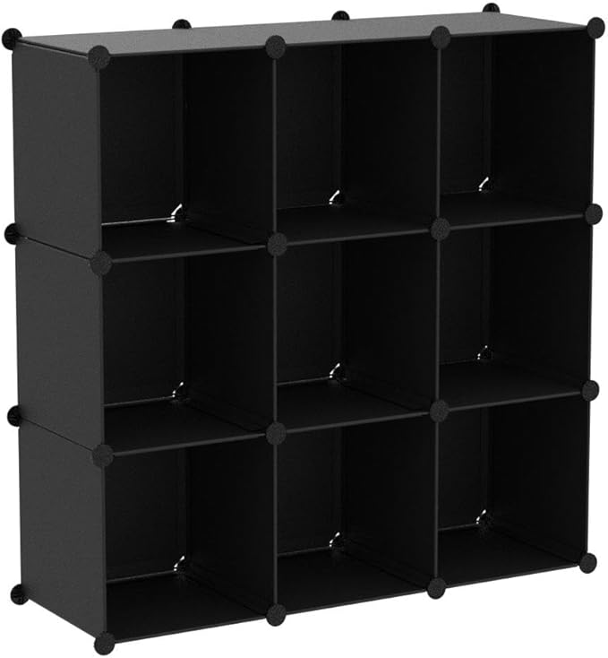 C&AHOME Cube Storage, 9-Cube Bookshelf, Plastic Closet Cabinet Organizer, DIY Stackable Bookcase, Modular Shelving Units Ideal for Home, Office, Kids Room, 36.6" L x 12.4" W x 48.4" H Black SHS3009A