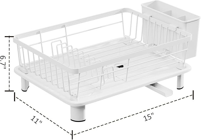 Small Dish Drying Rack, Space Saving Dish Racks for Kitchen Counter, Kitchen Organizer Dish Drainer with Cutlery Holder for Spoons and Forks, 11''W x 15''L, White