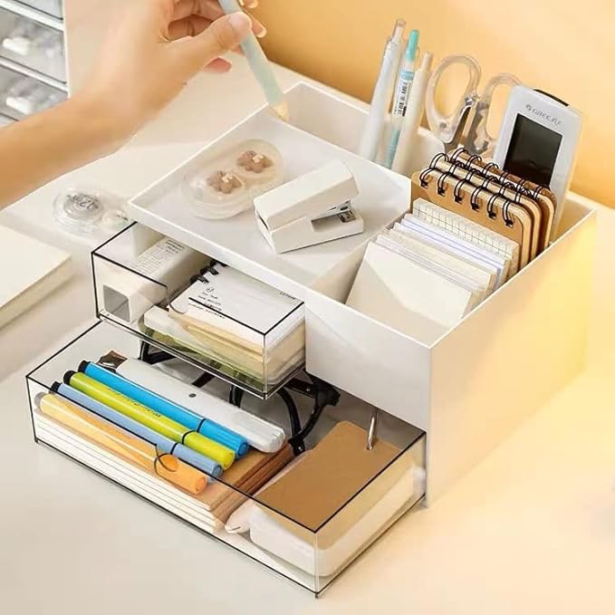 Desk Drawer Organizer, Desk Storage Box with 2 Drawers and 4 Compartments, Multifunctional Desk Accessories & Countertop Organizers for Office School Home (White-NeatNest