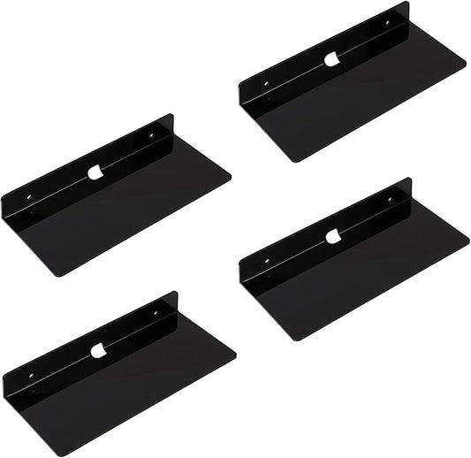 IEEK 4 PCS Small Acrylic Floating Wall Shelves,9 Inch Adhesive Display Shelf for Nintendo Switch/Smart Speaker/Security Cameras/Action Figures,No Damage Expand Wall Space,Black-NeatNest