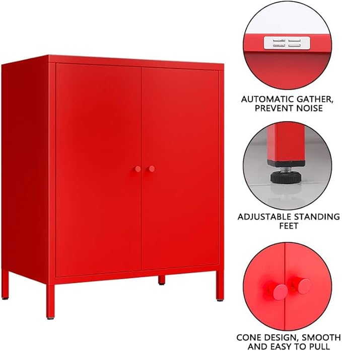 2 Doors Locker Metal Storage Cabinet, Accent Storage Cabinet with Shelves, Freestanding Metal Sideboard for Small Spaces, Living Room, Dining Room, Entryway (2 Door Cabinet, RED) ﻿