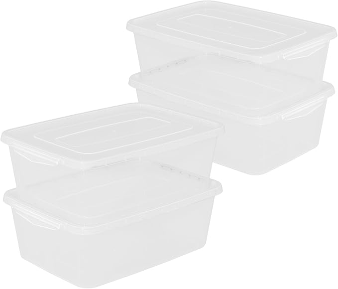 4-Pack Plastic Storage Containers with Latch Covers, BPA Free Stackable Fridge Organizer Bins, 14 L, Clear