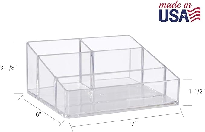 STORi Clear Plastic Small Countertop Vanity Makeup Organizer, Compact Rectangular 4-Compartment Holder for Brushes, Eyeshadow Palettes, & Beauty Supplies, Made in USA-NeatNest
