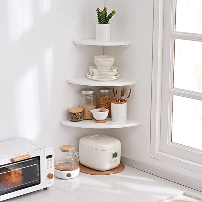 Corner Shelf, White Solid Oak Wood Floating Corner Shelves Wall Mount Round End Floating Speaker Rack Display Shelf for Small Plant Photo Frame (White, 12in)-NeatNest