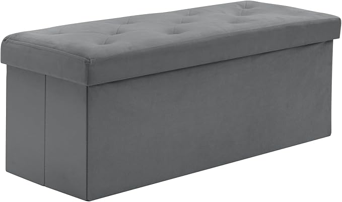 BRIAN & DANY 43 Inches Folding Storage Ottoman Bench, Velvet Ottoman with Storage for Living Room, Long Shoes Bench,Flannelette Footrest Benches Seat (Grey)-NeatNest