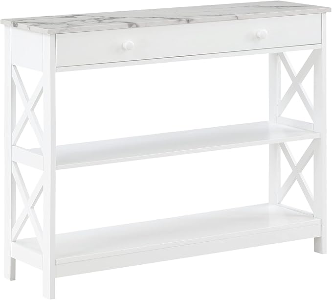 Convenience Concepts Oxford 1 Drawer Console Table with Shelves, White Faux Marble/White-NeatNest