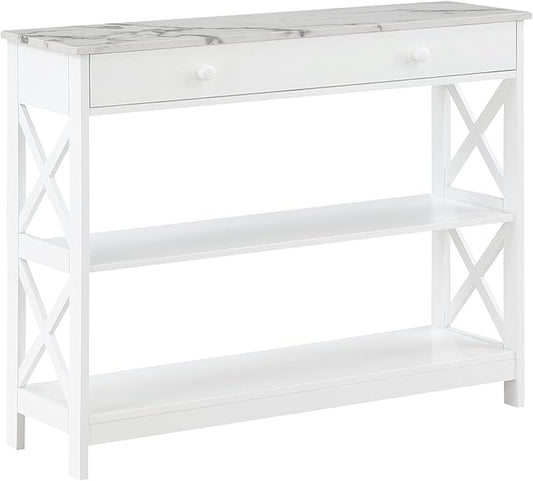 Convenience Concepts Oxford 1 Drawer Console Table with Shelves, White Faux Marble/White-NeatNest